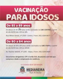 Vacina contra Covid para idosos de 80 a 84 anos e 85 a 89 anos começa amanhã em Medianeira