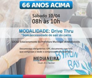 Medianeira terá drive-thru de vacinação para idosos de 66 anos acima.