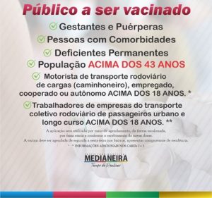 Pessoas acima de 43 anos, caminhoneiros, trabalhadores do transporte rodoviário podem receber vacina contra Covid em Medianeira